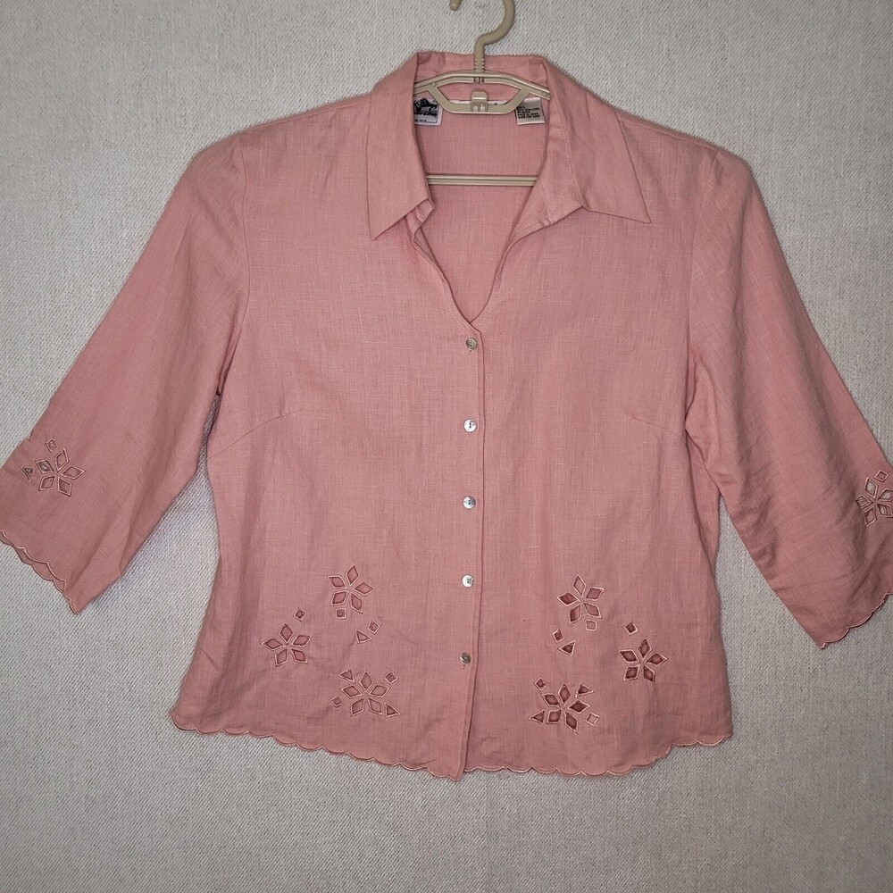Richard Malcolm  Irish Linen V Neck Eyelet Button Blouse Women  Large Pink